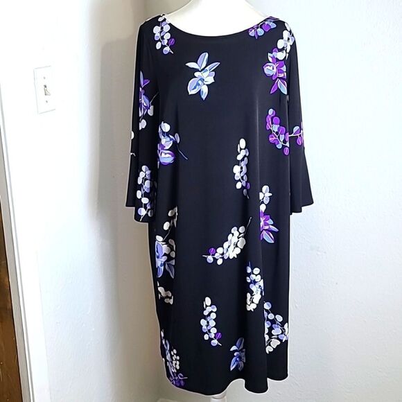 Roz & Ali Black Dress with Blue & Purple Floral, Bell Sleeves, Size 16 - Picture 2 of 8